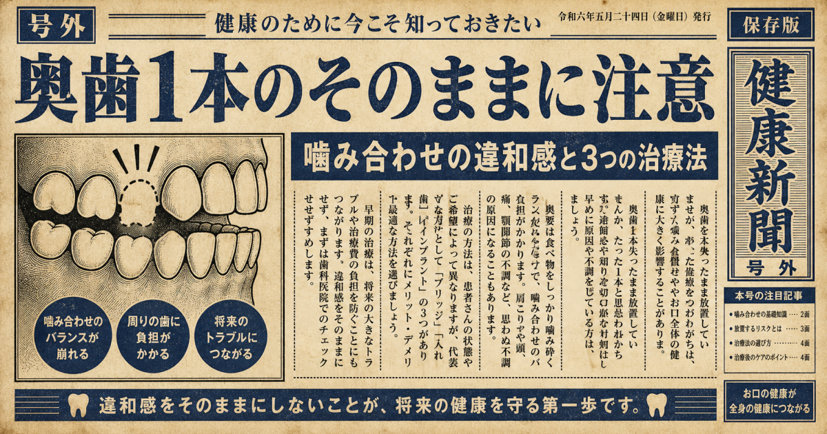 奥歯1本抜けたまま放置してない？噛み合わせの違和感と3つの治療法